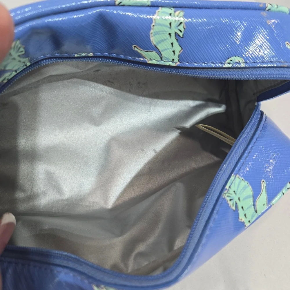 Kate Spade Cosmetic Bag Blue Seahorse Print Saffiano Travel Pouch *see pics